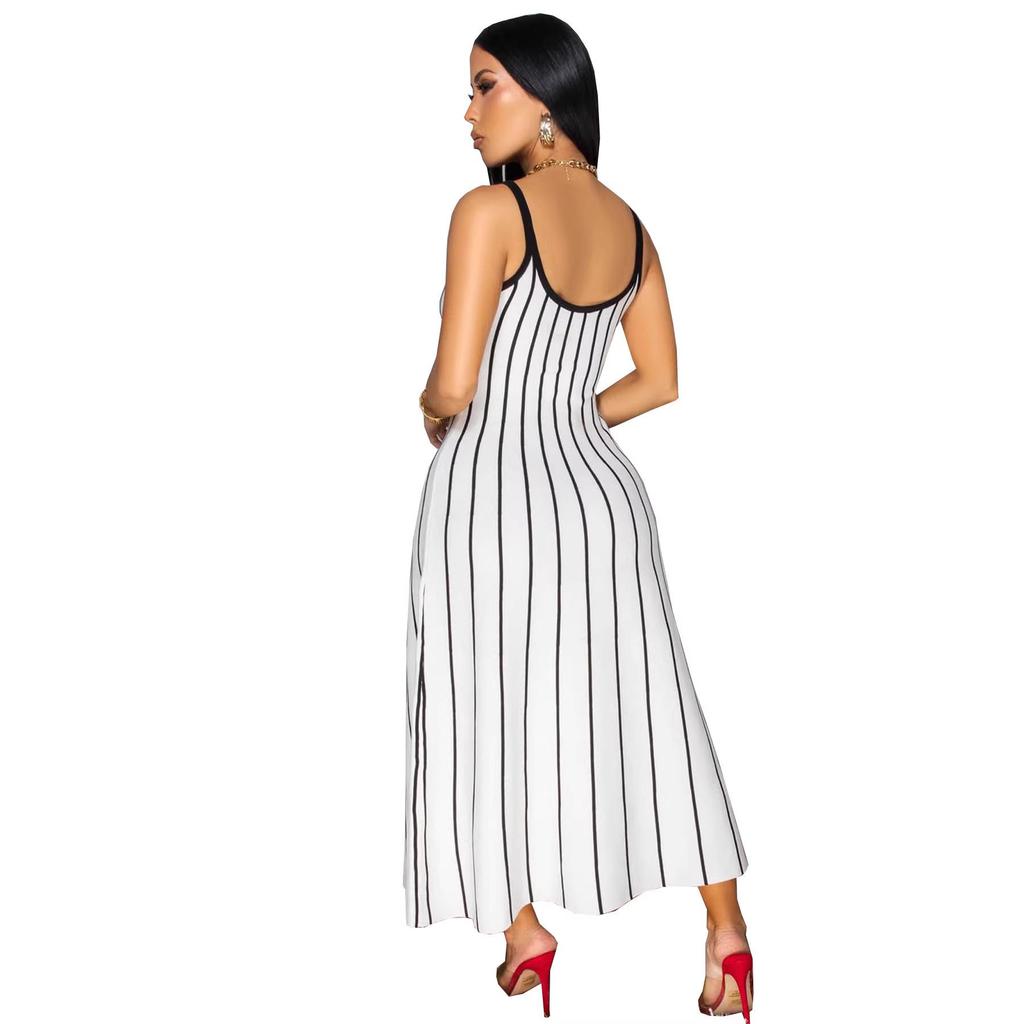 Retro Stripe Patchwork Backless Slip Dress - Color Block Sleeveless Long Slim Fit