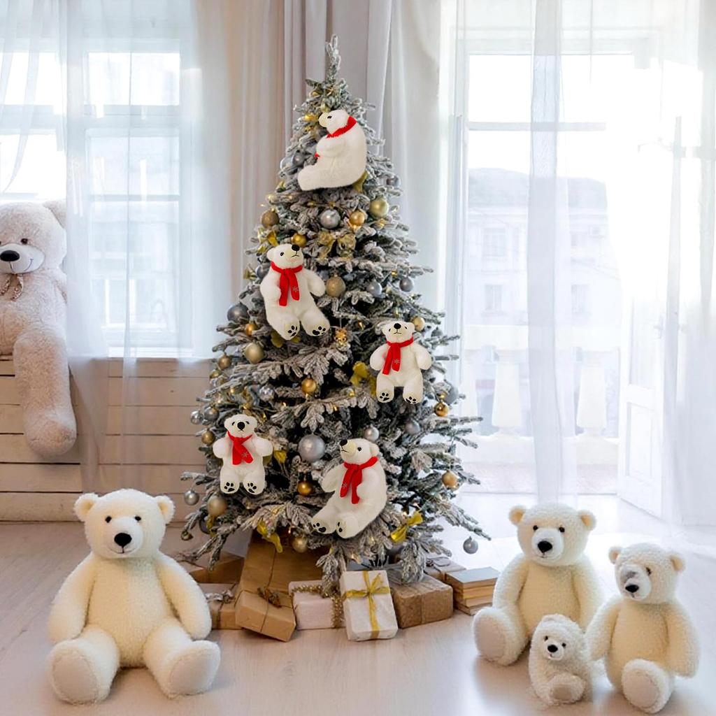 Christmas Polar Bear Plush Ornament White Fluffy Stuffed Animal Cute Winter Tree Decor for Holiday Xmas Party