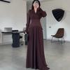 Women's new French high-end retro style brown V-neck long-sleeved waist wide pendulum temperament dress