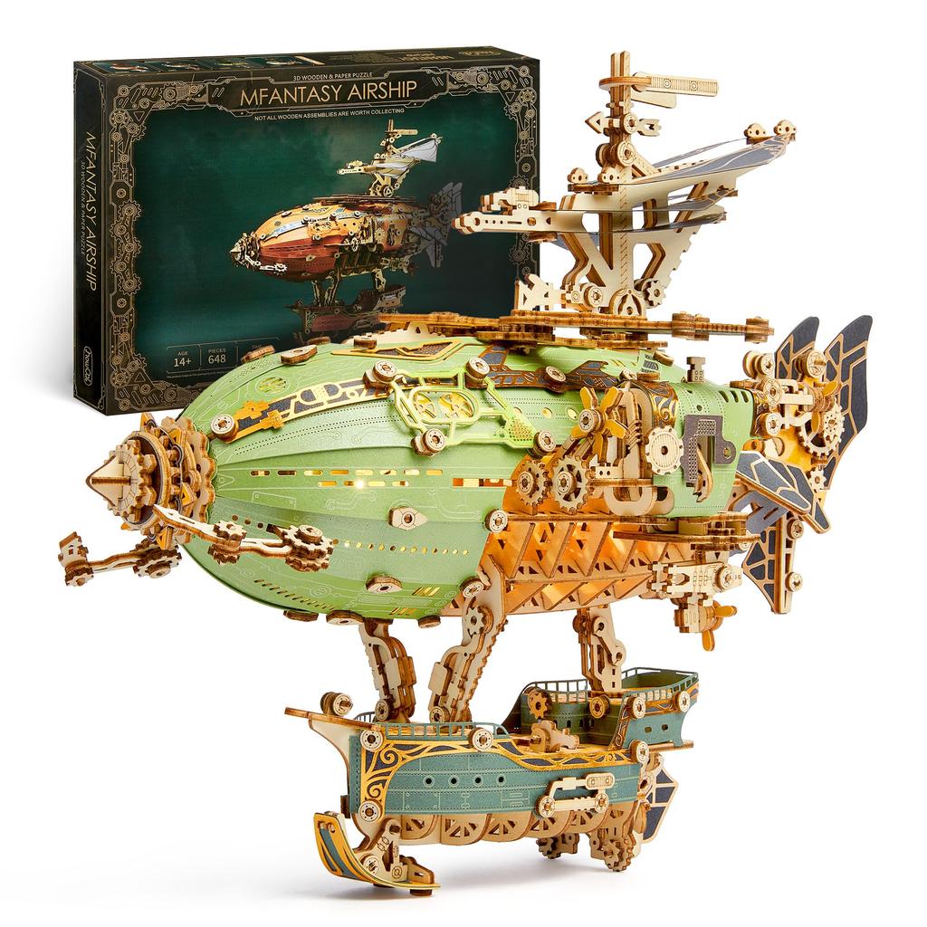 FUNPOLA 3D Puzzle Wooden Puzzle Fantasy Airship Steampunk DIY Craft Kit Assembly Kit Educational Toys with LED Lights for Adults and Kids Complex