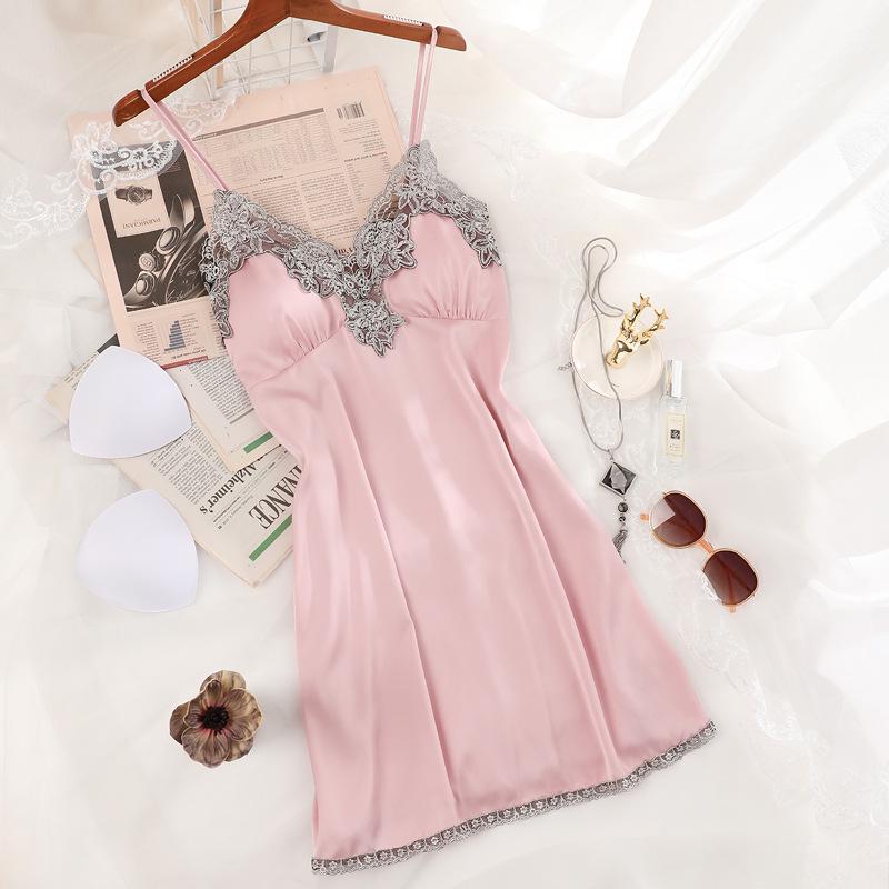 Sexy Ice Silk Sling Nightdress With Chest Pad Pajamas Ladies Silk Nightwear