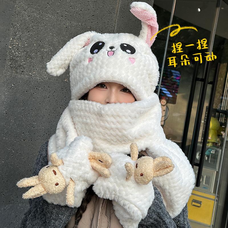 Scarf integrated rabbit ears moving hat autumn and winter new plush thickened women's plush scarf three-piece set
