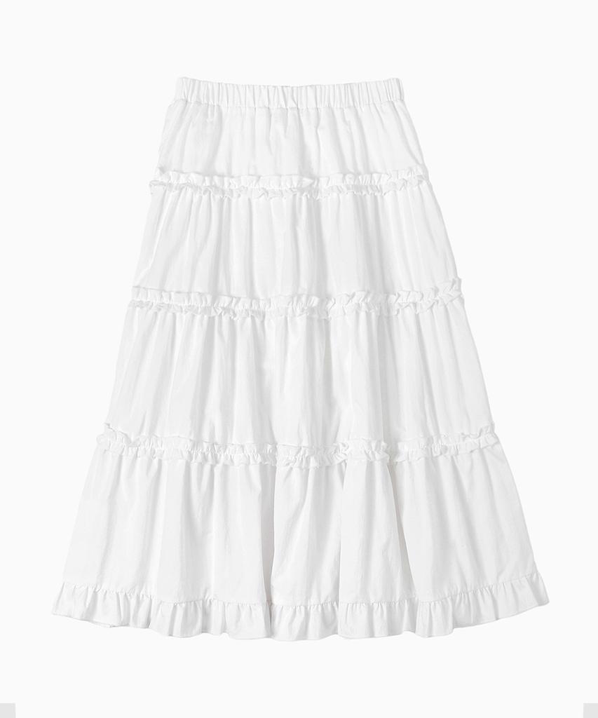 Moyora Tiered Frill Flare Elastic Long Skirt [White]