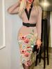 women's Plaid Print V Neck Long Sleeve Bodycon Midi Dress Slim Fitted Pencil Dress With Matching Belt