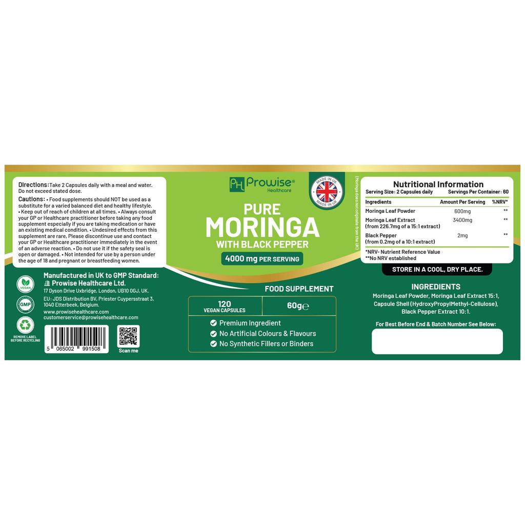 Reines Moringa 4000mg - 120 Vegane Kapseln mit Schwarzem Pfeffer