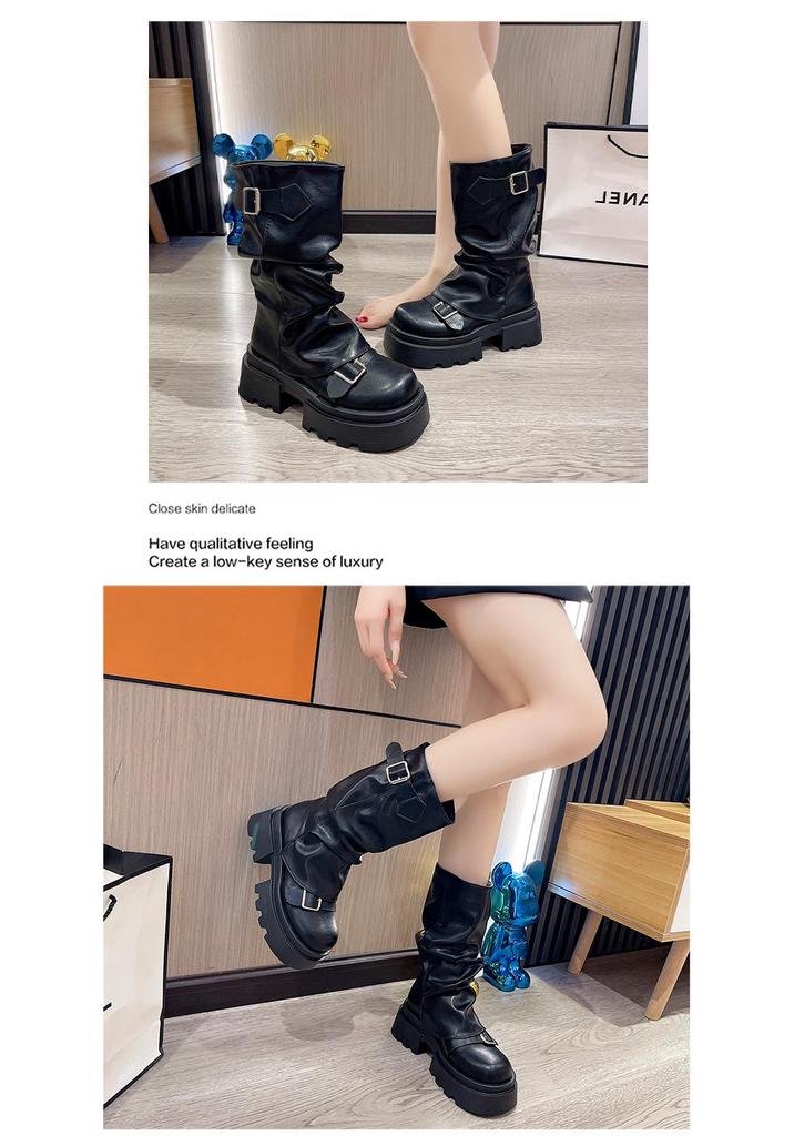 Botas Plataforma de Salto Grosso Estilo Britânico Feminino, Botins Martin Meia-Canela Retrô Outono 2024