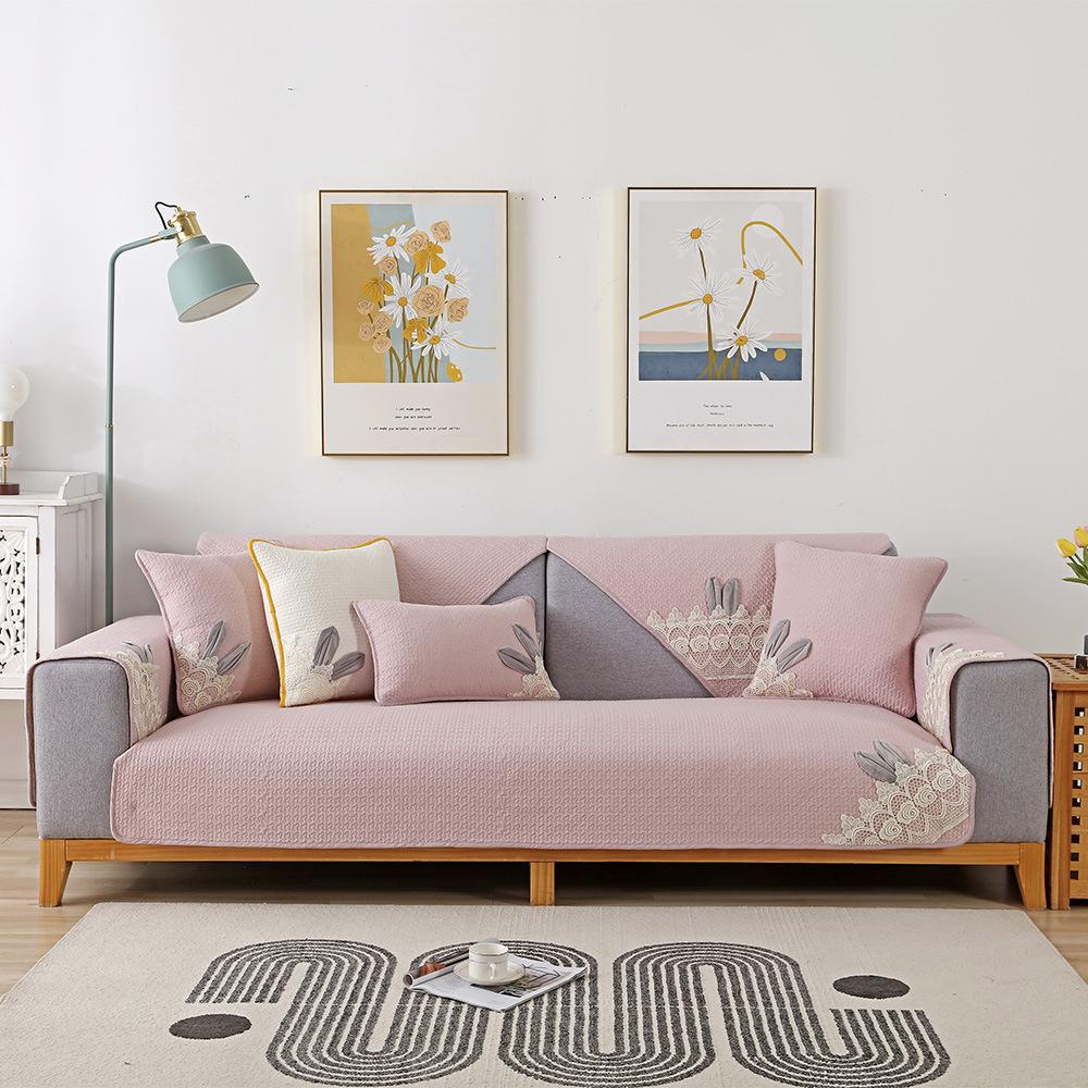 

Cute Pure Cotton Sofa Cushion Rabbit Ear Ins Style Cream Color Simple Modern Four Seasons Non-Slip Universal Cushion Cover Towel 70*70