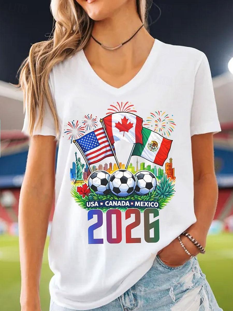 

Women s T Shirt Print Graphic Soccer Team Stylish Classic Casual Short Sleeve V Neck Regular Tops Casual Daily White Summer Spring S