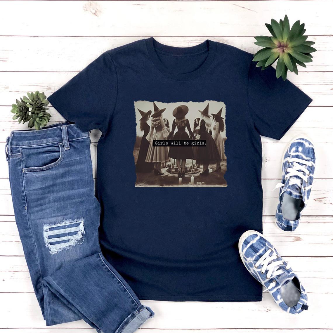 

Girls Will Be Girls Футболки Смішна футболка Feminist Witch Feminist Tee Women Rights Feminist Вінтажні футболки Witchy Ретро Топи на Хелловін XXXL темно-синього кольору