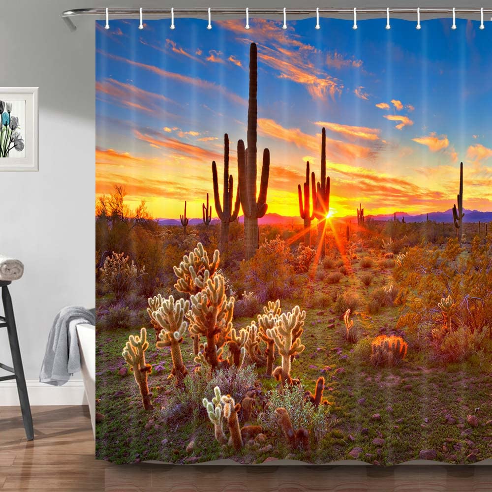 Cactus Shower Curtain,Western Nature Wild West Nature Sunset In Sonoran Desert Near Phoenix Fabric Saguaro Bathroom Curtain Sets W90xH180cm(35x70 in)