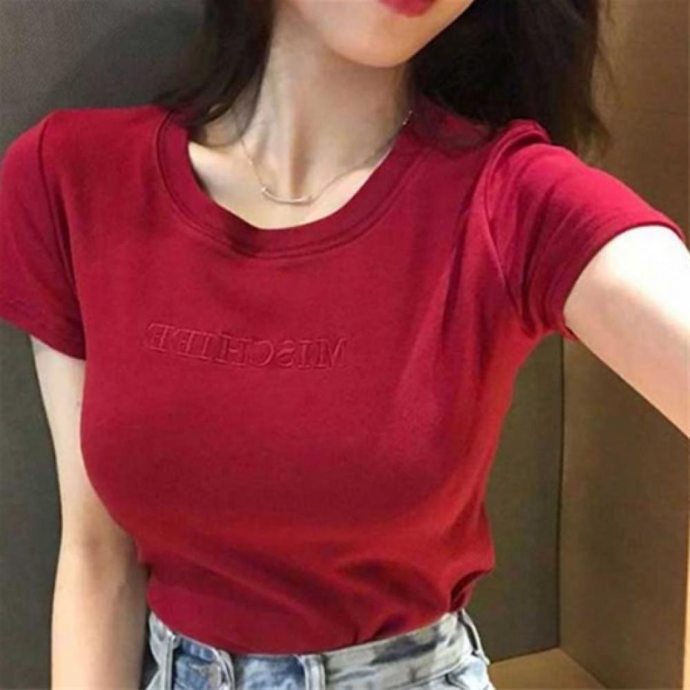 New Arrivals Open Run Women Embroidered LeTTering Round Neck ShorT Sleeve T Shir