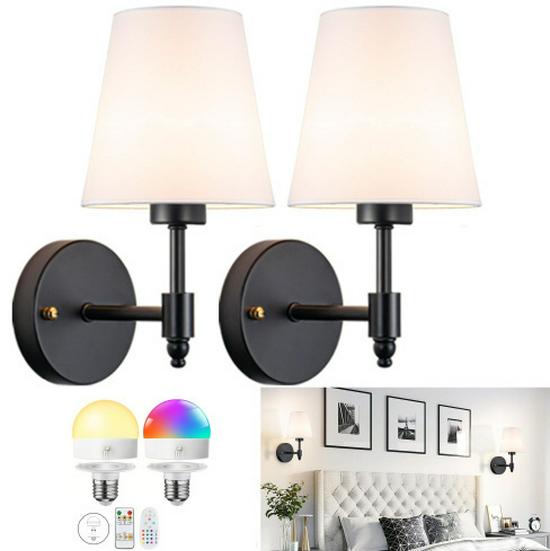American-Style Wireless RGB Wall Lamp with Remote Control and Fabric Shade for Bedside, Living Room, or Stairwell