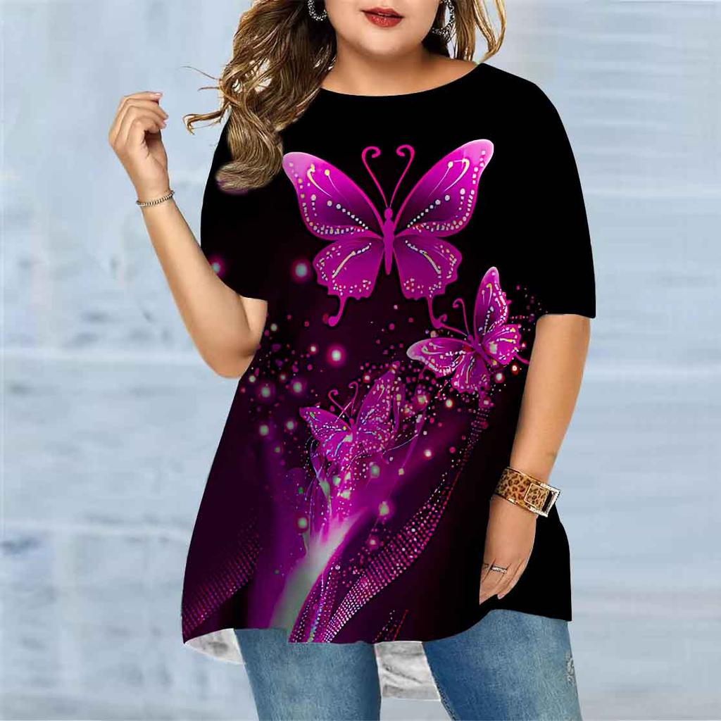 Plus Size Women's Summer Rainbow Butterfly Print Comfortable Short Sleeved Round Neck T-shirt Casual Baggy Medium Length T-shirt