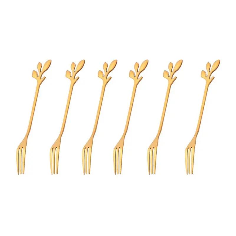 Creative Stainless Steel Leaf Shape Gold Flatware Fruit Fork Dinnerware Appetizer Snack Dessert Fork Kitchen Tableware 6Pcs
