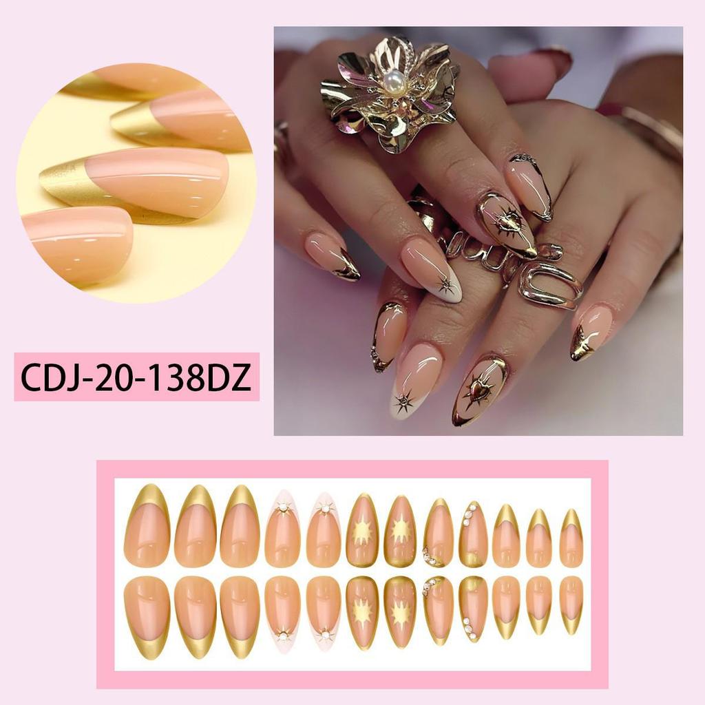 European & American Style Nude Pink Gold Almond Nails with Starry Sky Sequins