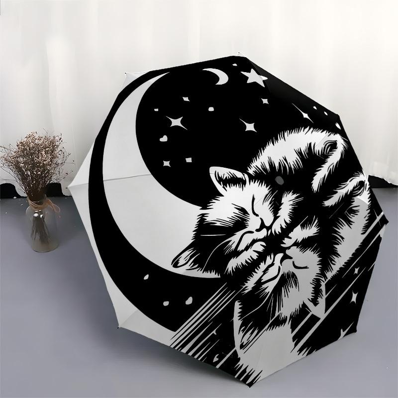1pc cat moon Automatic Folding Umbrella, Heavy Duty 8 Rib Iron Frame,  Suitable for Travel, Daily Use, Birthday, Decor Gift  38