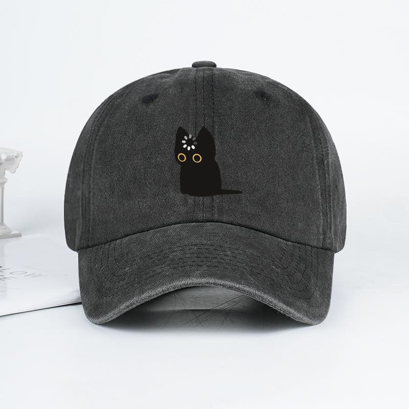 Cute Black Cat Print Washed Baseball Cap Soft Comfortable Lightweight Breathable Adjustable Adorable Healing Trendy Fashi