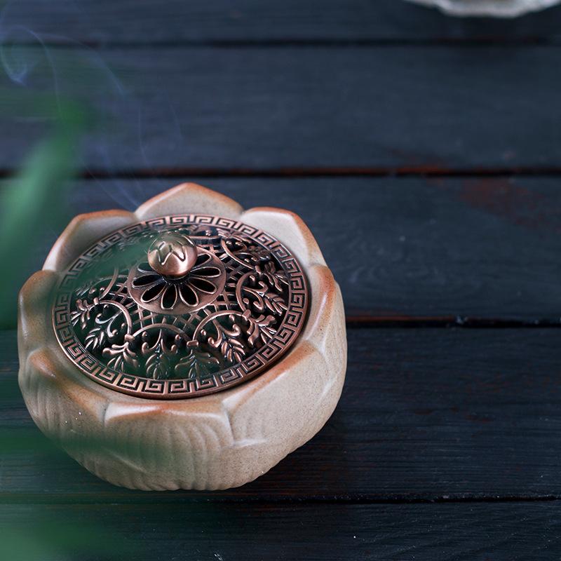 Keramisk Rökelsebrännare Tehusdekor Emaljmålad Lotusmönster Täckt Rökelsekärl Ding för Meditation Zen