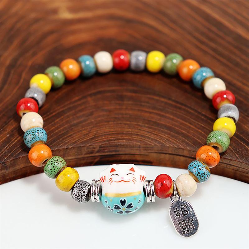 Süßes Glückskatzen-Armband für Frauen und Mädchen, verstellbar, bunte Perlenarmbänder, chinesischer Stil, Keramik, Katzenanhänger, Armband, Schmuck