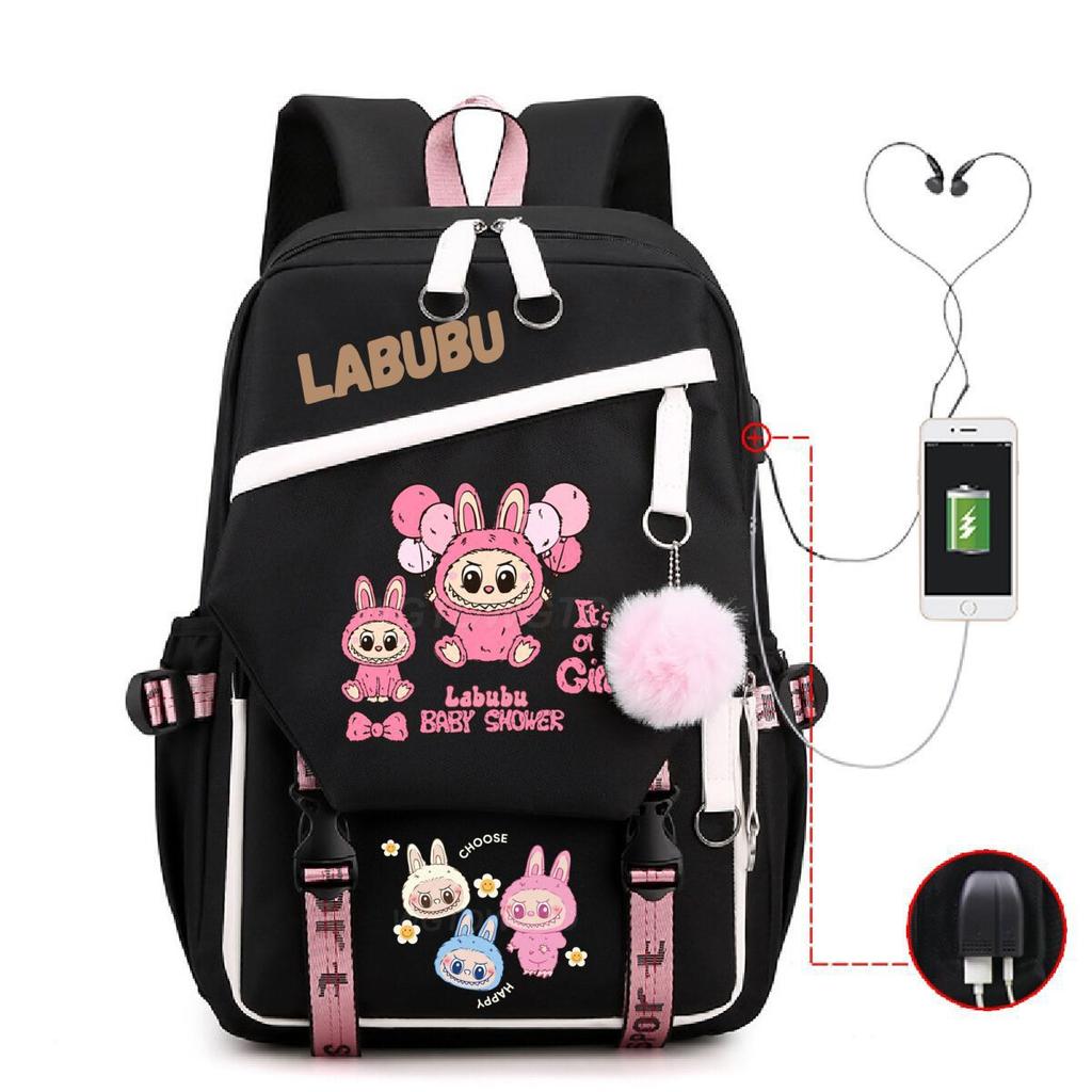 Labubu printed student schoolbag multi-function large capacity backpack with USB port