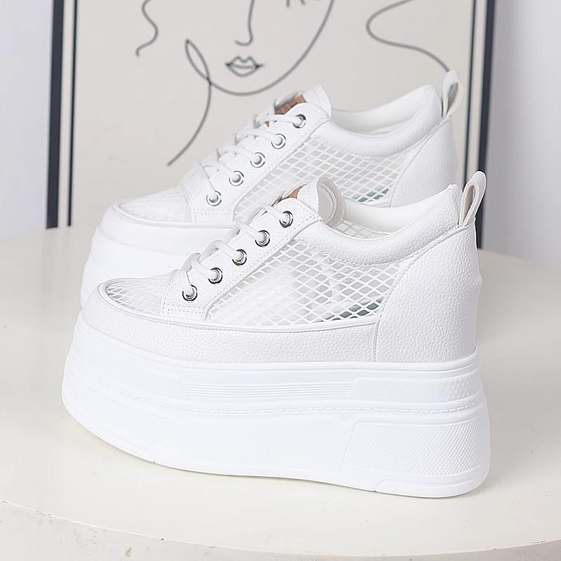 10CM 12CM Air Mesh Leather Breathable Pumps Summer Fashion Chunky Sneaker Heels Sandals Platform Wedge Hollow Shoes