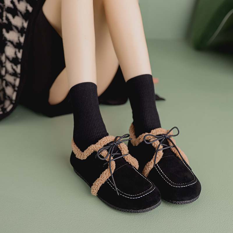 Krazing Pot Suede Fur Spring Autumn Winter Flats Lace Up Women Keep Warm Casual Shoes