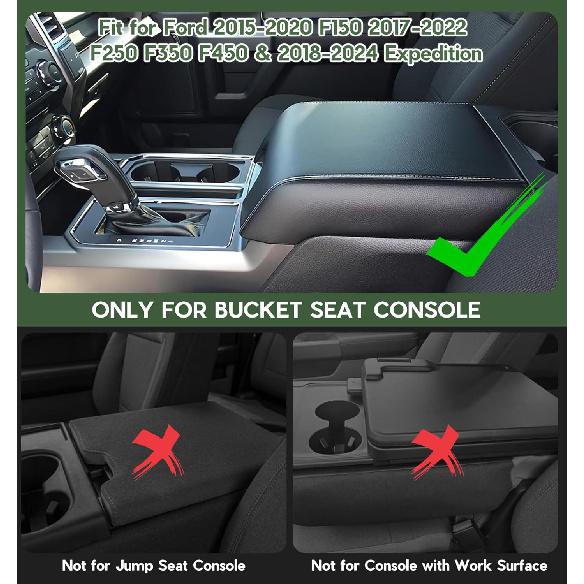 Center Console Cover Compatible With Ford F150 2015-, F250 F350 F450 2017-, Expedition 2018-2024, PU Leather Armrest Box Cover, Truck Interior