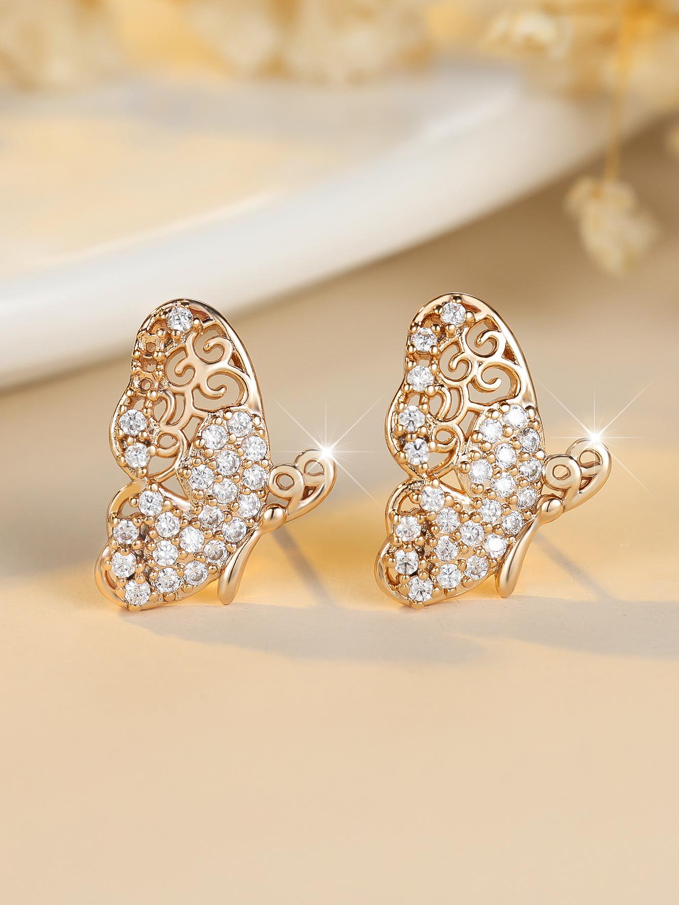 

ins rose gold hollow butterfly full diamond stud earrings, exquisite shining fairy spirit gentle earrings