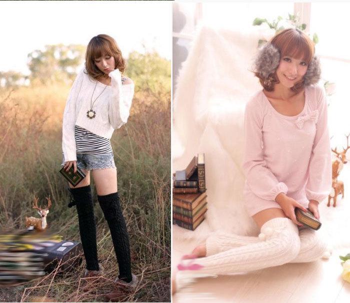 Extra Long Cable Knit Over-the-Knee Leg Warmers with Pom Pom