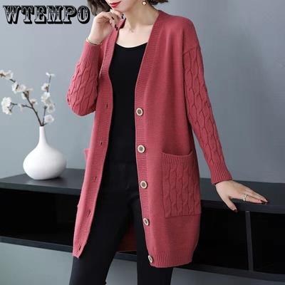 Uus kardigan sügisel ja talvel naiste V-kaelusega avara pikkade varrukatega kampsun ühevärviline kootud pikk top