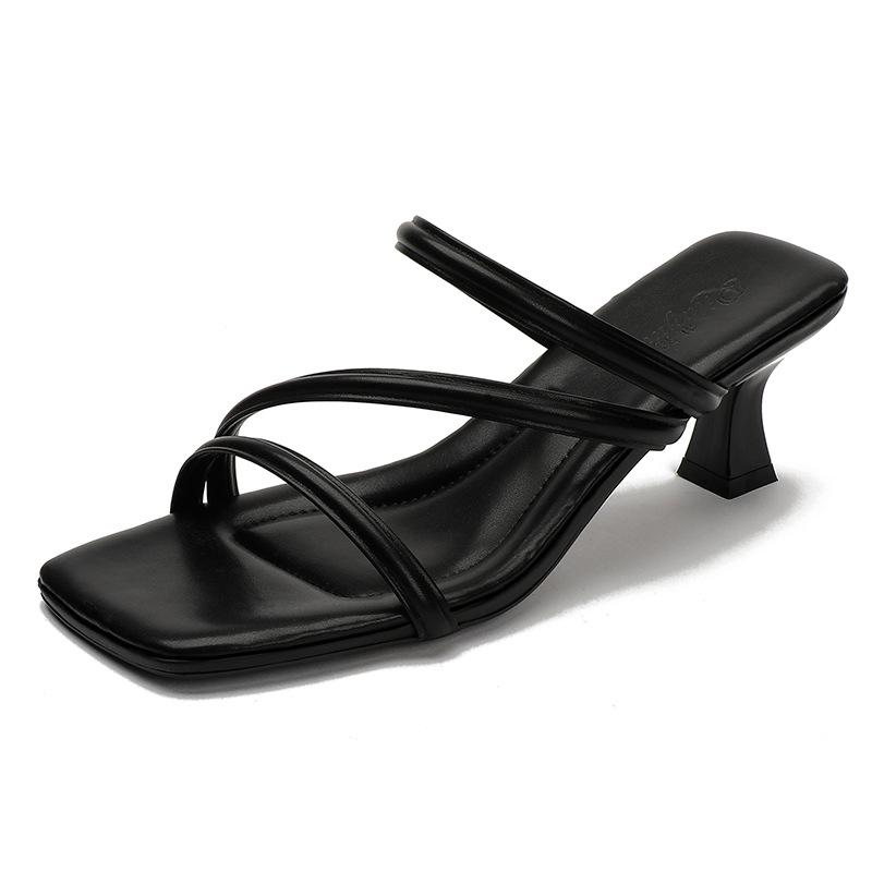 High-heeled cool slippers for women's outer wear 2025 new French square-heeled slippers for women's summer fashion