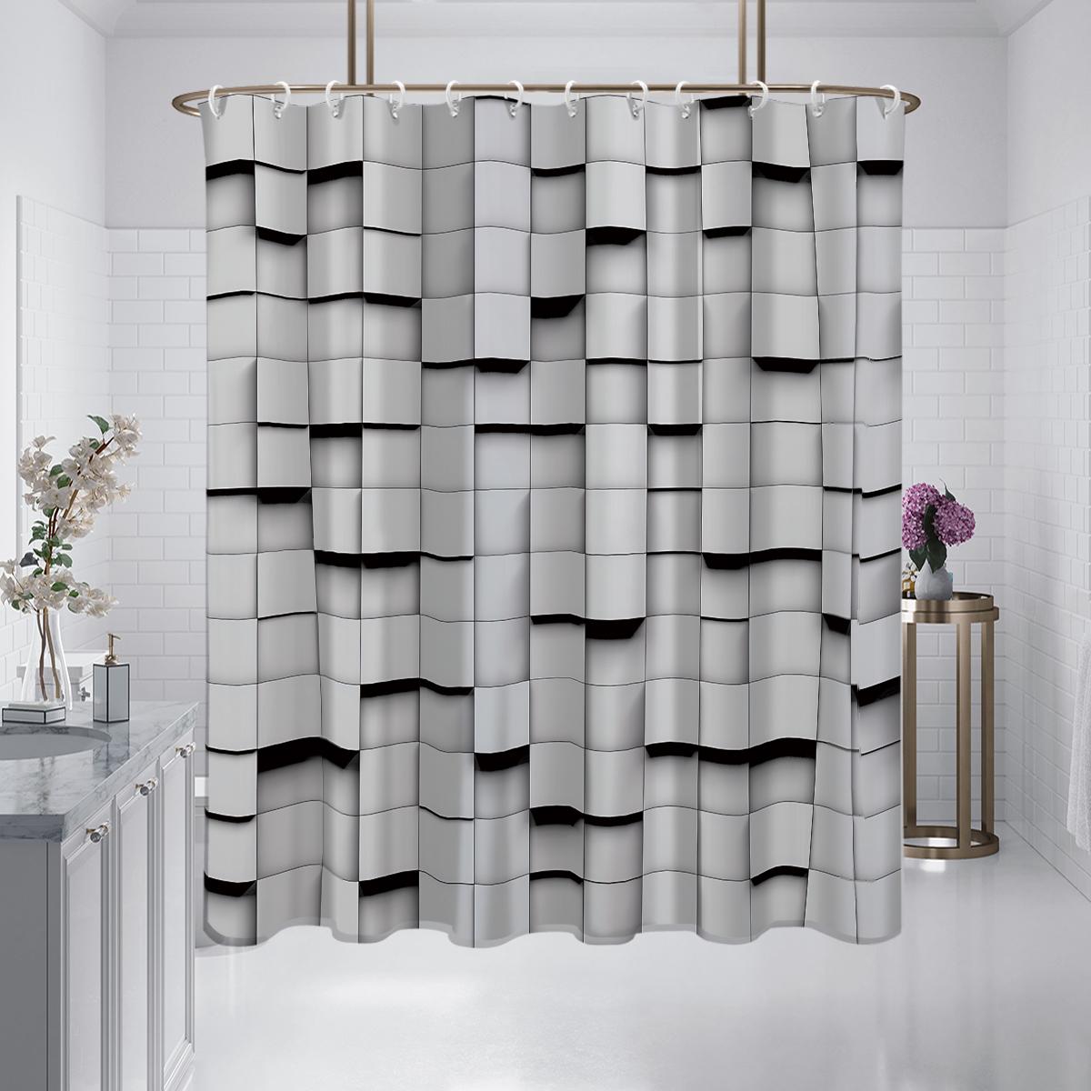 

1 Piece Of 180X180Cm Gray Geometric Grid Printed Modern Technology Shower Curtain Partition Bathroom Waterproof And Mildew Proof 180x180cm
