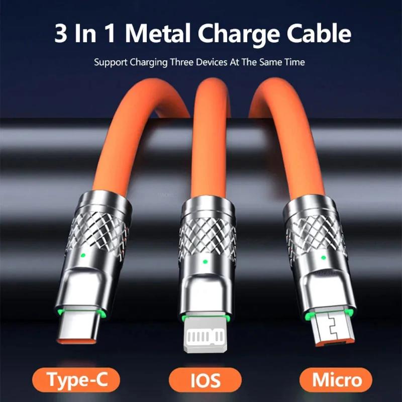 3 in 1 USB Cable 6A 120W USB Cable Fast Charging Data Cord For Iphone Samsung Huawei Xiaomi Multi Port Multiple Charging Wire