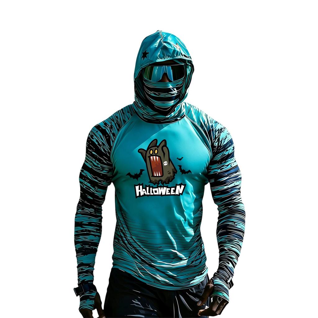 Men's Casual Hooded Long Sleeve Raglan Color-Block Sun Top with Halloween Print (Without Glasses)