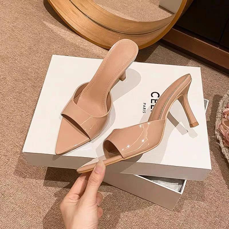 Pointed Open Toe High Heels Slippers Women Outdoor Slides Ladies Party Shoes Japanned Leather Sandalias Mujer Sexy Flip Flops