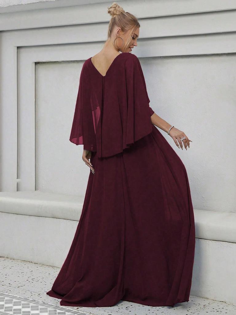 Elegant V-Neck Sequined Evening Gown with Trumpet Sleeves and Embroidered Applique