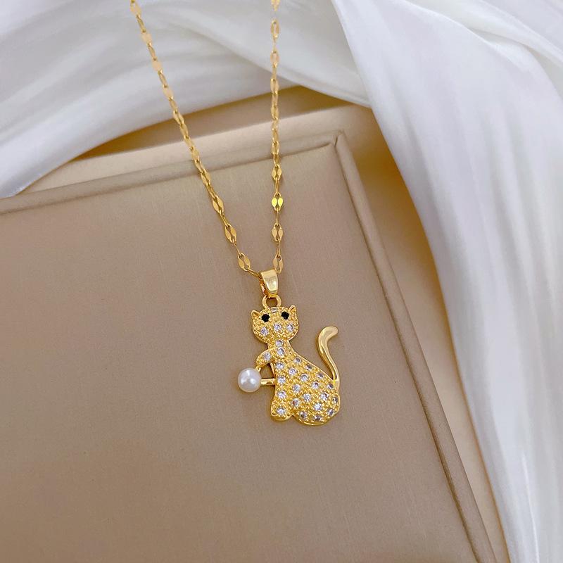 Titanium Steel Pearl Cat Light Luxury Temperament Gorgeous Full Diamond Necklace Female Versatile Collarbone Chain Titanium Steel Chain