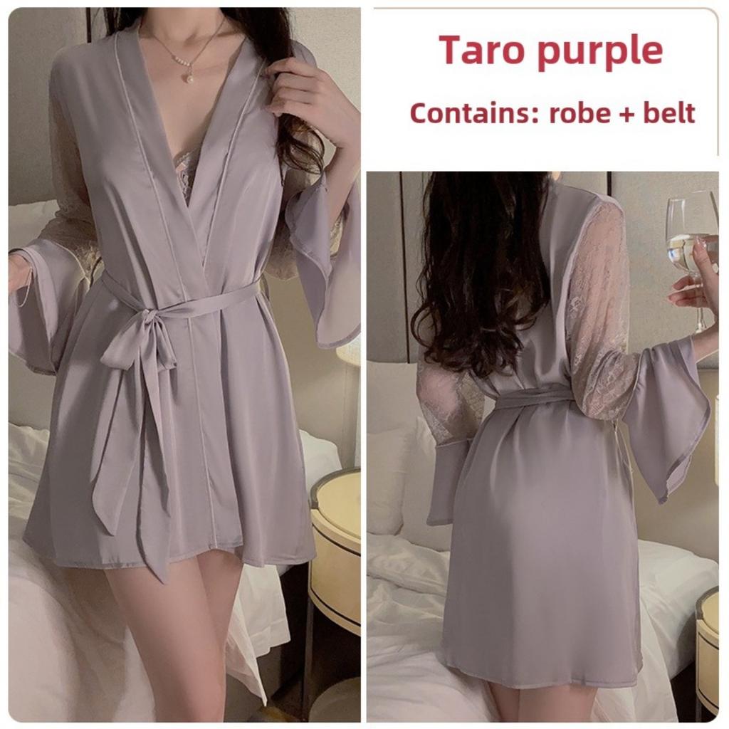 Süße Spitze Tiefes V Plus Brustpolster Sexy Neckholder Seidiger Satin Nachthemd Robe Hausset