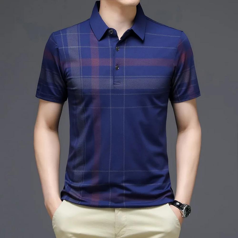 Men's casual business polo, button and graphic printed short sleeved T-shirt, fashionable lapel oversized clothing