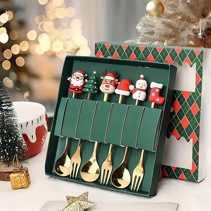 6pcs Santa Claus Stainless Steel Fork Spoon Set Christmas Tableware Gift Box Christmas Gift Fork Spoon Set Christmas Accessories