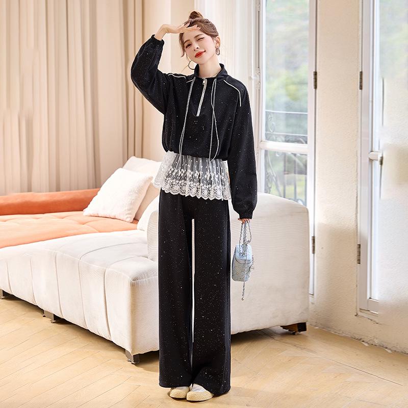 2025 Spring Fashion Lace-Trim Jacket & Wide-Leg Pants Set RX9210