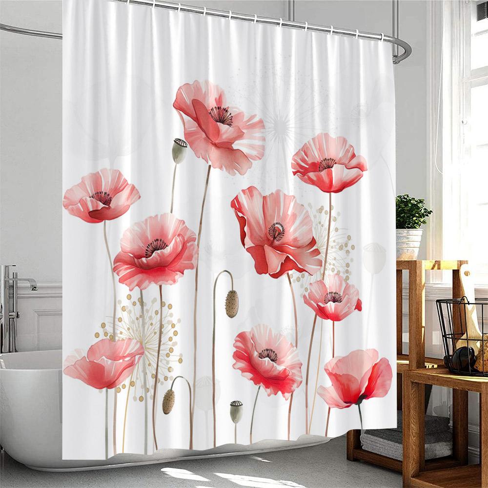 Watercolor Poppy Shower Curtain Floral Flowers Blue Red Green Plant Bathroom Decor Minmalist Polyester Bath Curtain With Hooks