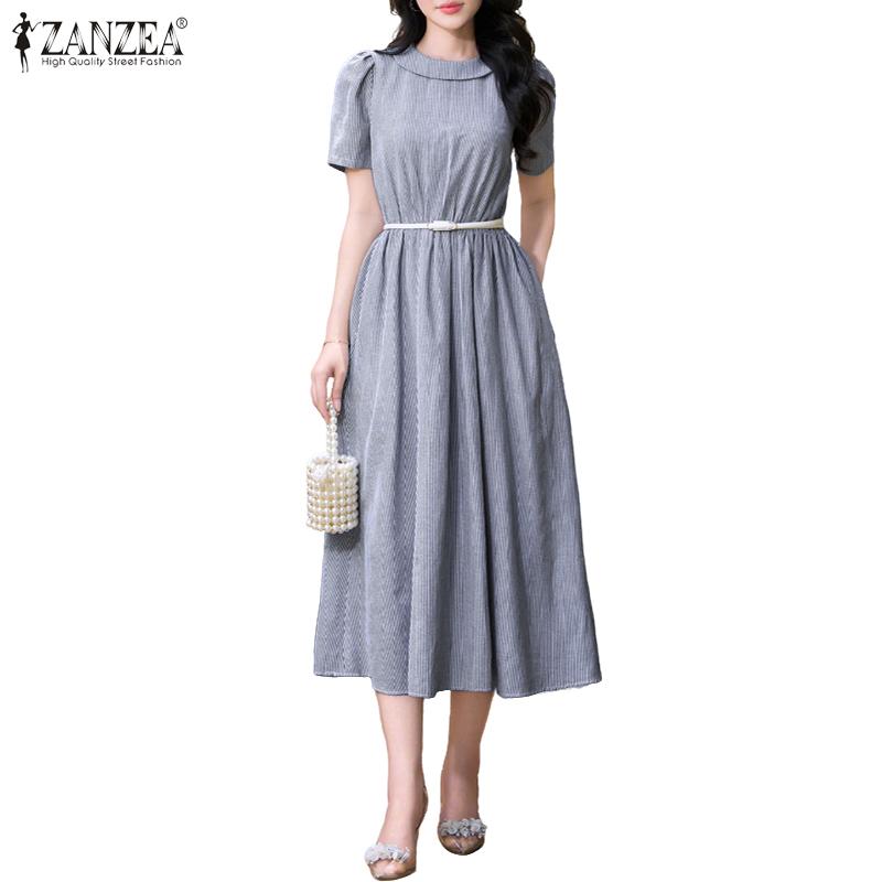 

ZANZEA Women Summer Round Neck Casual Short Sleeve Stripe Dress M сірий колір