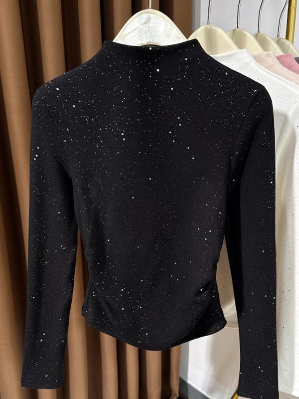 Women's Shiny Half-High Neck Slim Fit Stretchy Long Sleeve Base Layer Shirt for Autumn/Winter