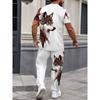 Men's personality clothing black and white Wolf head pattern two-piece set casual crew neck short-sleeved T-shirt and trousers