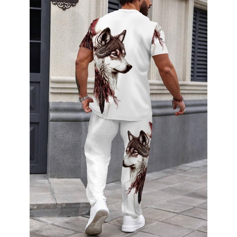 Men's personality clothing black and white Wolf head pattern two-piece set casual crew neck short-sleeved T-shirt and trousers