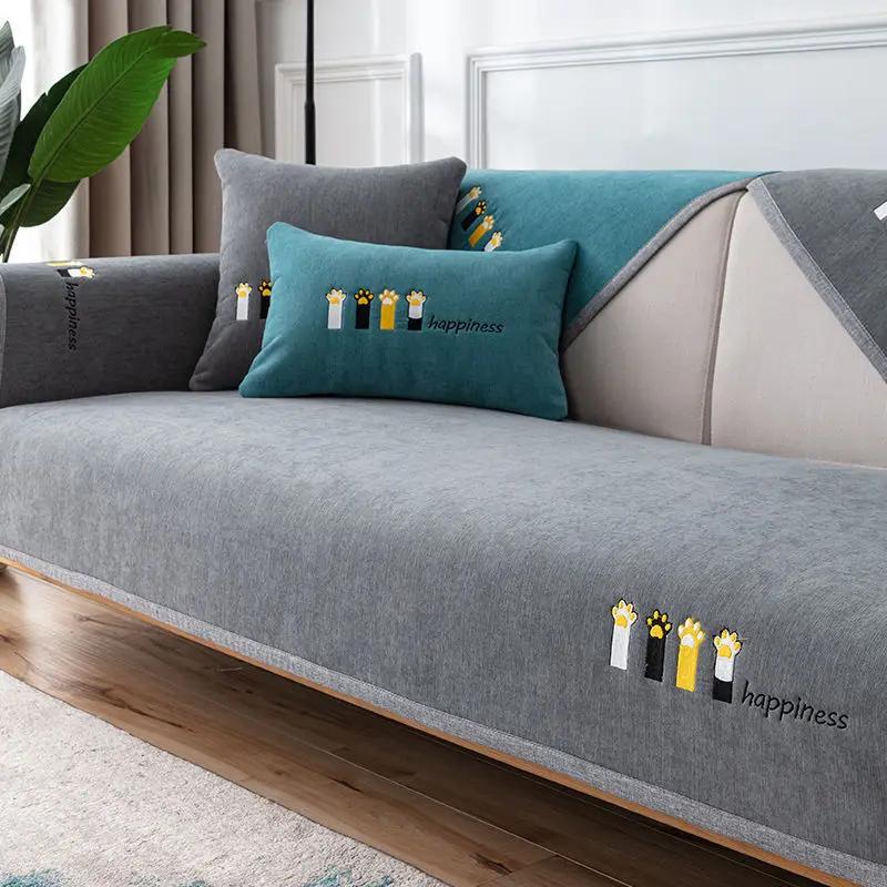 Nordic Cats Prints Sofa Cushion Mat Universal Non-slip Solid Color Sofa Slipcovers for Living Room L Shape Couch Towel Protector