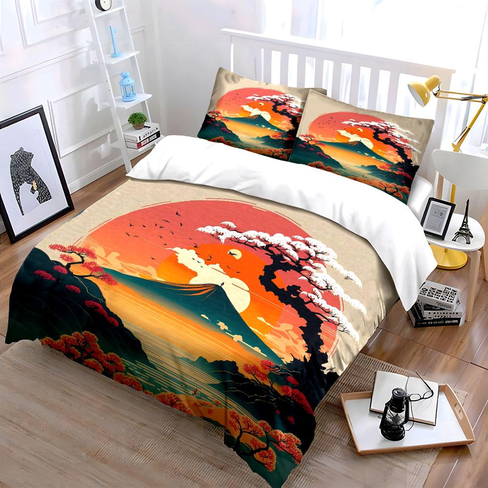 Japanese Landscape Art Set Bedding Set with 1 Duvet Cover 2 Pillowcases Single Double King Queen, Gift