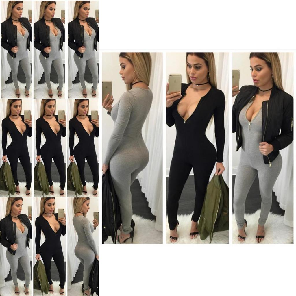 Hochwertiger Damen Reißverschluss Overall Bandage Bodycon Jumpsuit Clubwear Langarm Romper