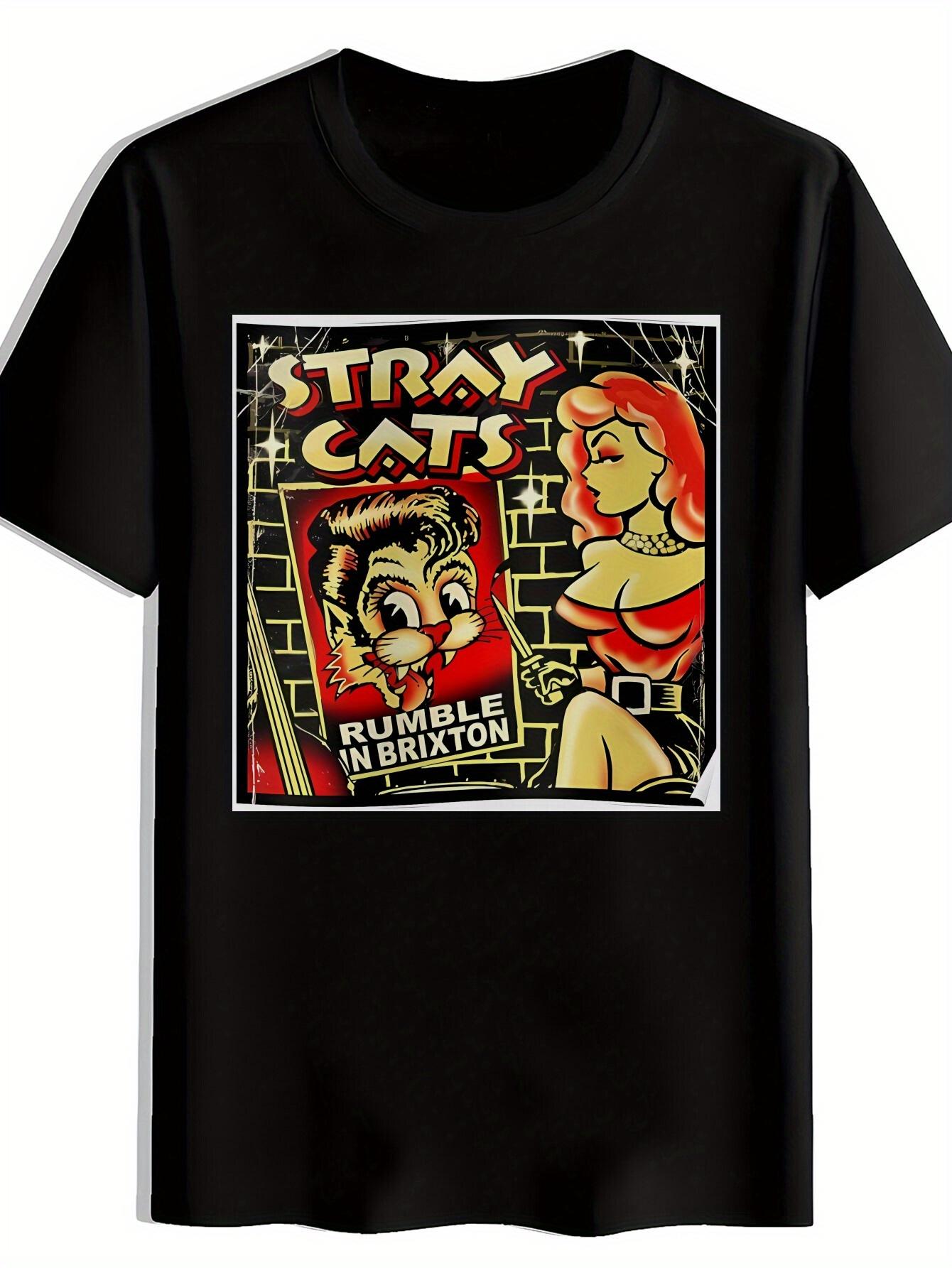 

Vintage Rock Band Graphic T-shirt - STRAY CATS Retro Print Short Sleeve Tee with Retro Comic Art M